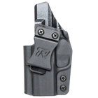 Black Kydex CCW holster with molded pistol shape, double stitching, and three screw holes on a textured front panel.