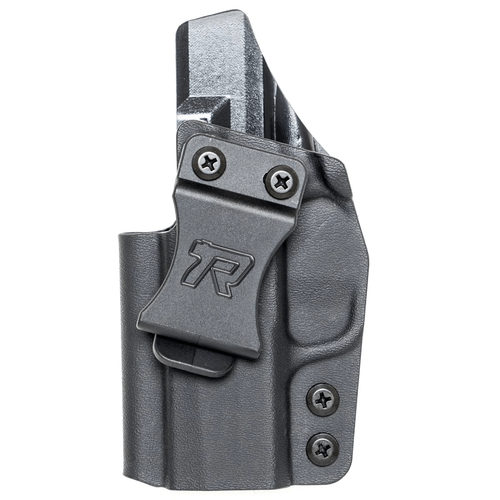 Black Kydex CCW holster with molded pistol shape, double stitching, and three screw holes on a textured front panel.