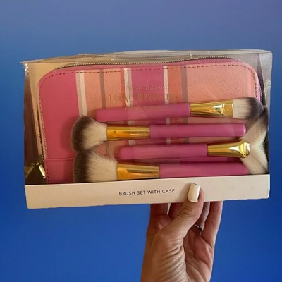 4 Piece Isaac Mizrahi Makeup Cosmetic Brush Set Zip Around Pink Stripe Case Bag