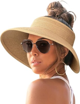 Women's Summer Beach Hat Sun Visor Wide Brim Straw Roll-Up