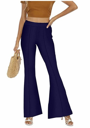 WSPLYSPJY Women's Blue Stretch Bell Bottom Flare Palazzo Pants Trousers - Picture 1 of 5