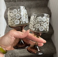 Set Of 4 Libbey 1970's Smoke Tawny Wine Glasses White Daisy Flower Pattern