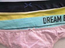 New 4 Ladies Thongs Cotton Panties Size XL Dream Big, Pink w/Bow,Navy,Yellow