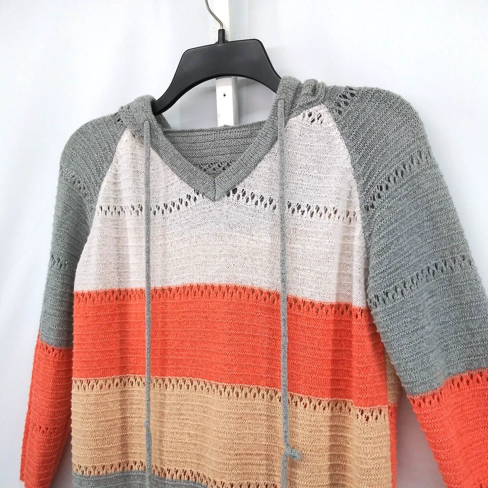 Womens Sweatshirt Size Small Gray Orange Striped Long Sleeve Pullover Hoodie - Image 2 of 4