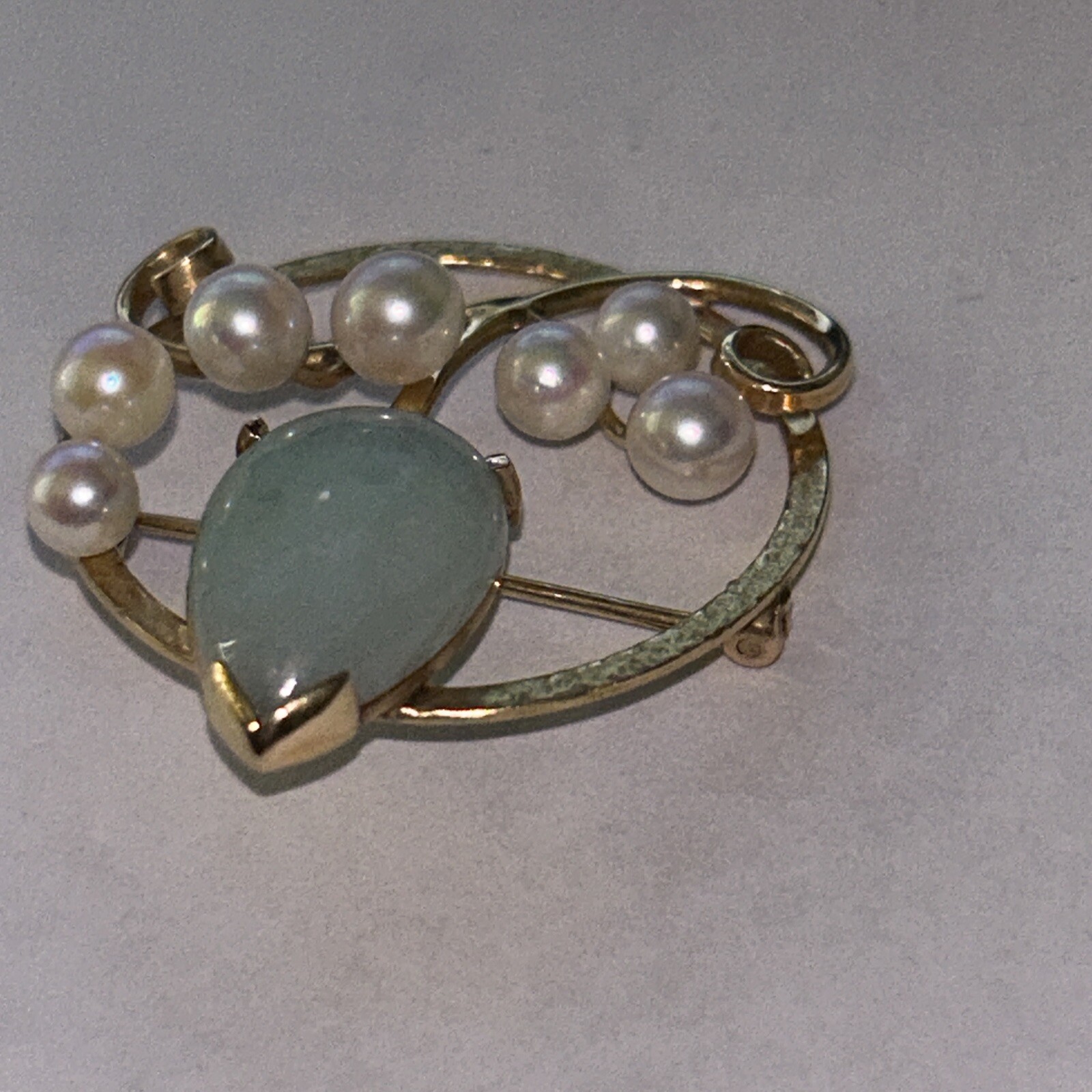 MING'S HAWAII JADE PEARL LEAF BROOCH PIN 14K YELLOW GOLD MINGS JEWELRY