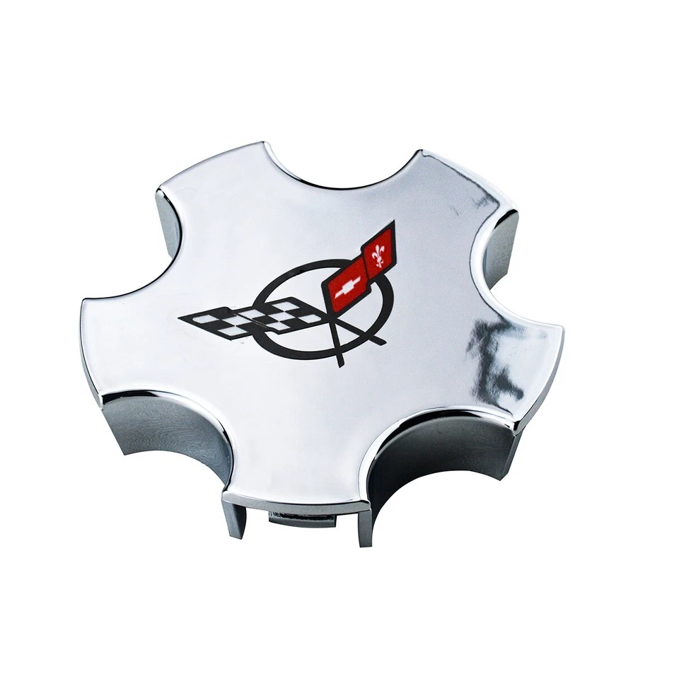 Tapacubos centrales cromados 4 piezas para Corvette C5 2000-2004 con logotipo de bandera cruzada Foto 4 de 4