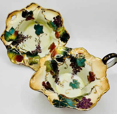 ANTIQUE HAND PAINTED FALL LEAVES GRAPEVINE GRAPES GOLD CREAMER & SUGAR BOWL SET