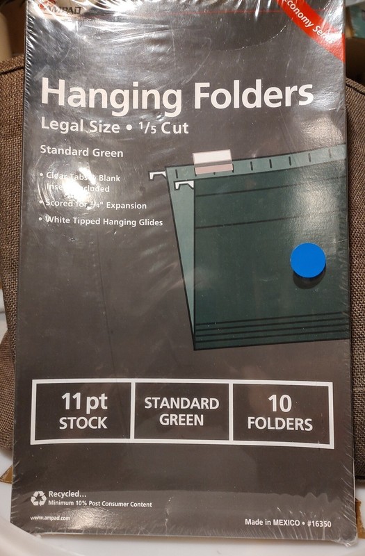 LEGAL SZ. 10-COUNT AMPAD HANGING FOLDERS-1/5 CUT-11 PT. #16350 UPC#074319163503