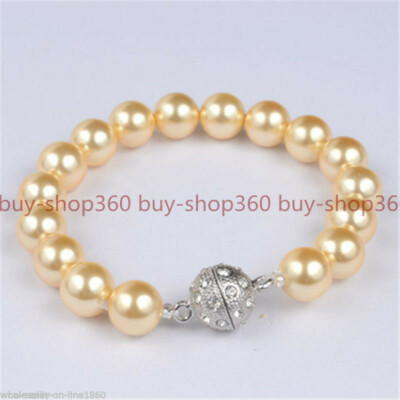 10mm Round Yellow South Sea Shell Pearl Beads Knoted Bracelet 7.5''
