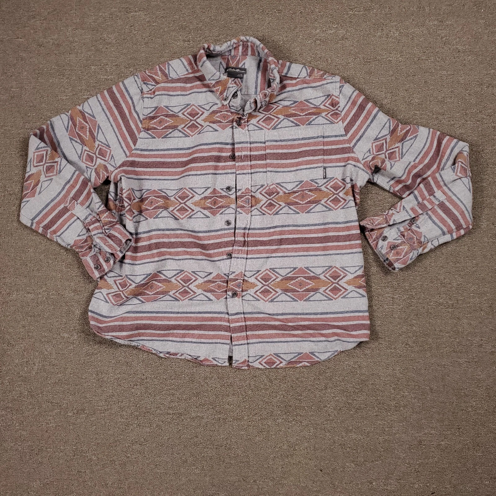 Eddie Bauer Shirt Mens Gray XL Flannel Western Aztec Print Warm Outdoor Workwear