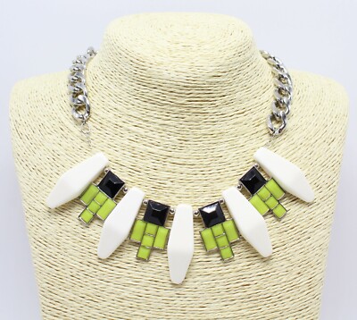 New Curb Chain Statement Necklace with Lime Green, Black & White Stones #N2422