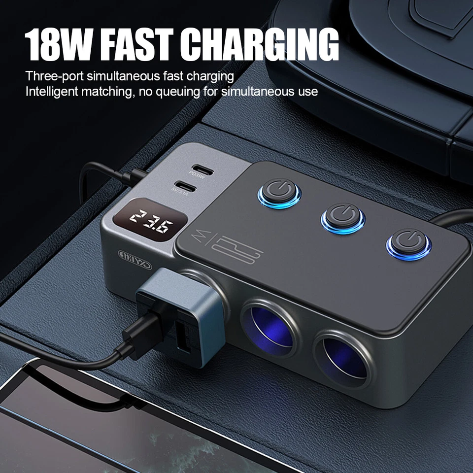 3 Way Car Cigarette Lighter Splitter USB C Charger Fast Charge Adapter Outlet - Image 4 of 4