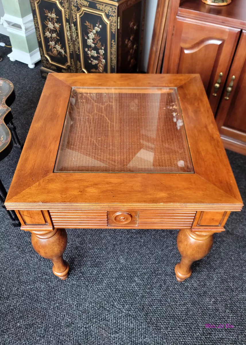 1980 s Klaussner Co. Wooden Side End Table with Rattan Detail and Glass Top