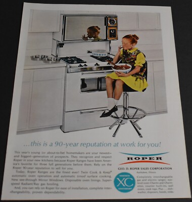 1966 Print Ad Red Head Girl Licking Frosting from fingers Roper Range Kitchen