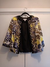 Chico  s Artisan Jacket Sz 1 Med Embellished Silky Abstract Prints Open 3/4 Slv
