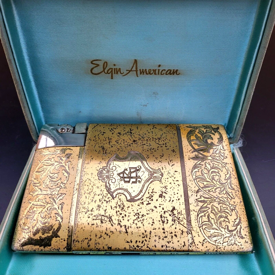 Vintage 1940/1950 Elgin American Gold Tone Cigarette Case/Lighter  Floral Design - Image 2 of 4