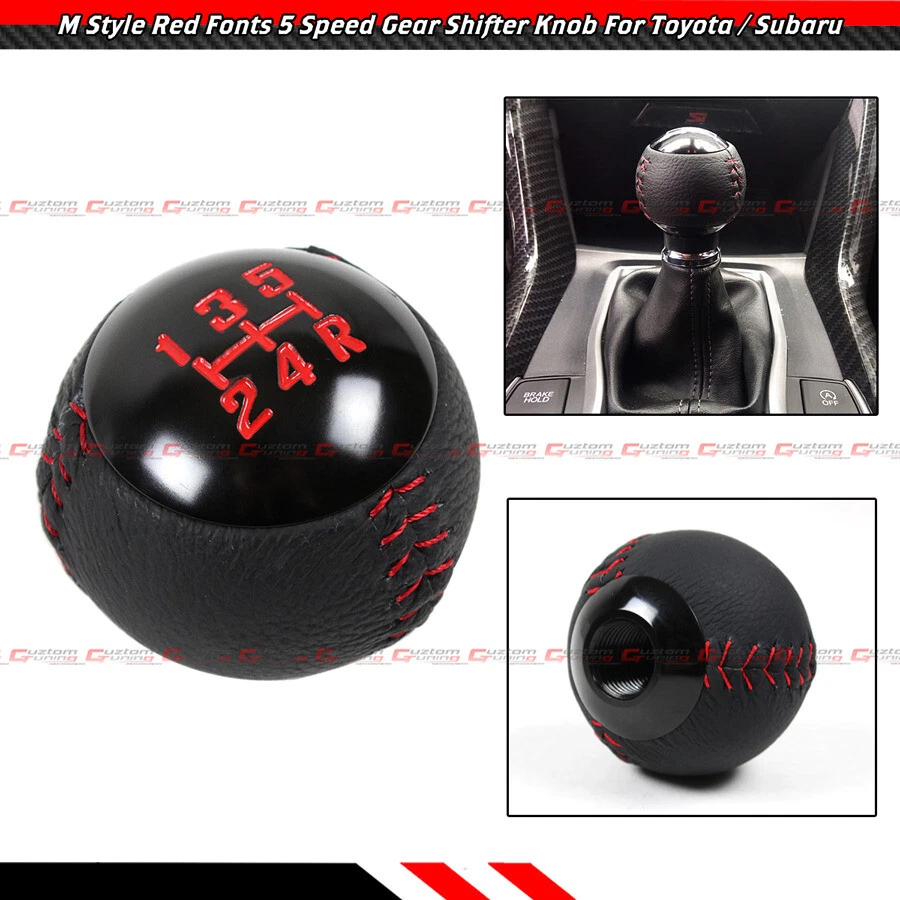 Botão de câmbio redondo 5 velocidades couro preto costura vermelho para Toyota Subaru - Imagem 2 de 4
