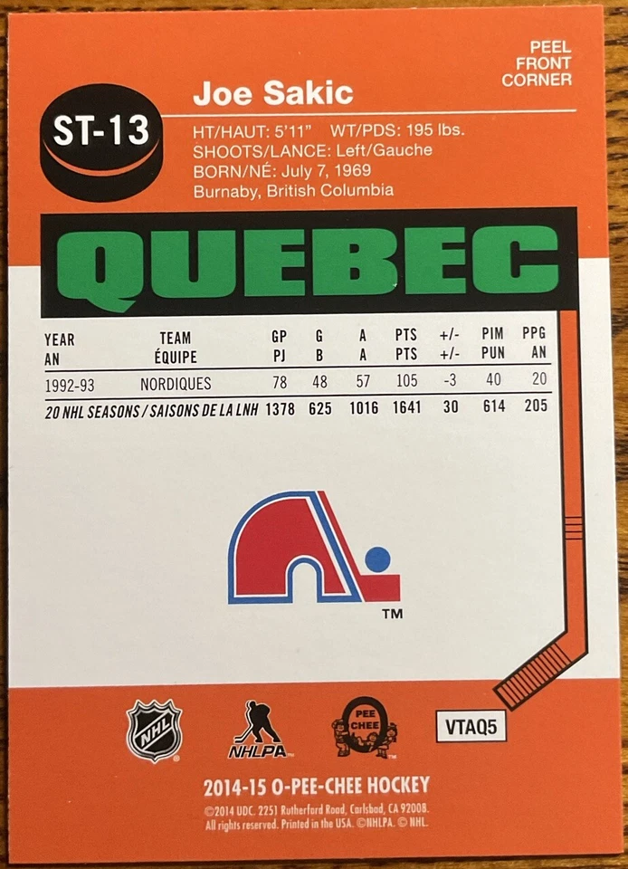 2014-15 O-Pee-Chee Stickers Joe Sakic #ST-13 Quebec Nordiques - Image 2 of 2