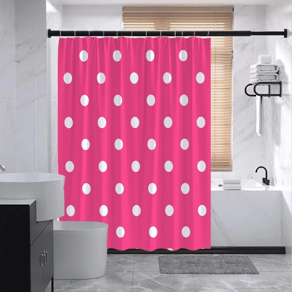 Cortina de Ducha Rosa Lunares Linda Decoración de Baño Preppy con Ganchos Foto 2 de 4
