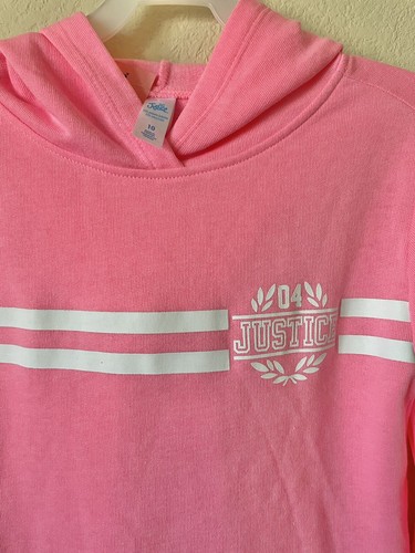 Justice Hot Pink White Striped Logo Graphics Girls’ Pullover Hoodie Size 10 - Picture 2 of 3