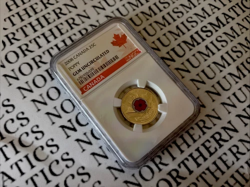 2008 Canada 25 cent Poppy NGC Gem UNC Colorized