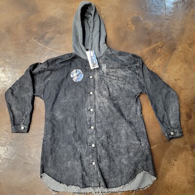 Thrill Jeans Denim Hoodie 3XL Black Distressed Ripped Tunic Pockets Jacket