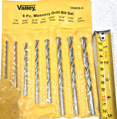 MASONRY DRILL BITS SET  8PC. 1/8,5/32,3/16,1/4,9/32,5/16,11/32,3/8'' CUT CONCRETE
