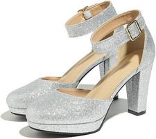 Lyngixko Women's High Block Heels Pumps Round Closed Toe Ankle Strap