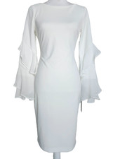 NWT Calvin Klein Ruffle Bell Long Sleeve Women's Sheath Dress Size 4 Cream