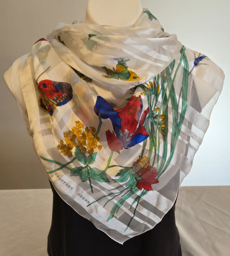 GEOFFREY BEENE Scarf SILK Butterflies Moths Flowers France White Green Red 45"