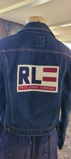 Vintage New Polo Ralph Lauren Blue AMERICAN FLAG PATCH TRUCKER Jacket M