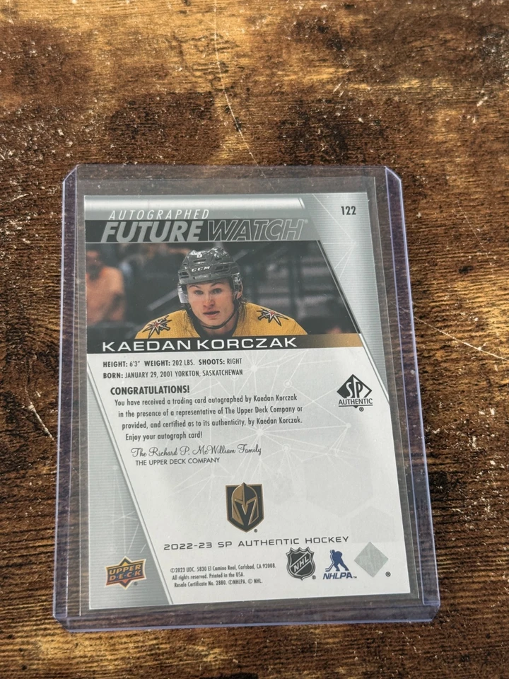 2022-23 SP Authentic Future Watch Kaedan Korczak RC #122 Vegas SN# /999 Auto - Image 2 of 2