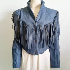 Vintage Leather Fringe Jacket Blue 80s Cropped SZ S M Snap Front Lined Western