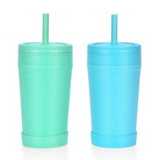 10 Oz Wheat Straw Reusable Cups with Lids  Silicone Straws  Anti-slip  Fam...