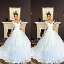 V Neck Wedding Dresses with Lace Applique Long Sleeve Sweep Train Bridal Gowns