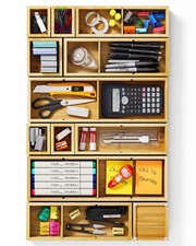 12-Piece Bamboo Desk Drawer Organizer Set   Adjustable Storage Boxes with