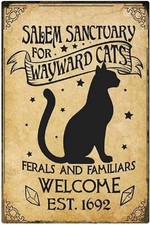 Black Cat Halloween Metal Tin Sign Sanctuary for Wayward Cats 8x12