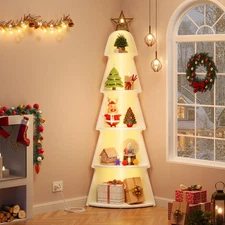 5-Tier Corner Shelf with LED Light, Christmas Tree Shaped Corner Bookshelf wi...