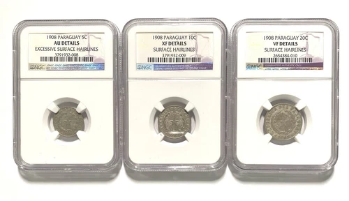 Paraguay 1908 Set Coins 5, 10, 20 Centavos NGC