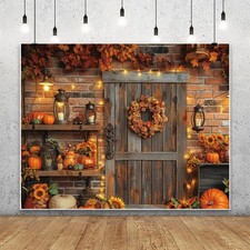 10x8ft Fall Thanksgiving Autumn Harvest Maple Leaves Wooden Barn Backdrop