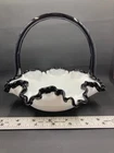 Vintage Fenton Ebony Crest Handled Basket  Ruffled Hard To Find Milk Glass Black