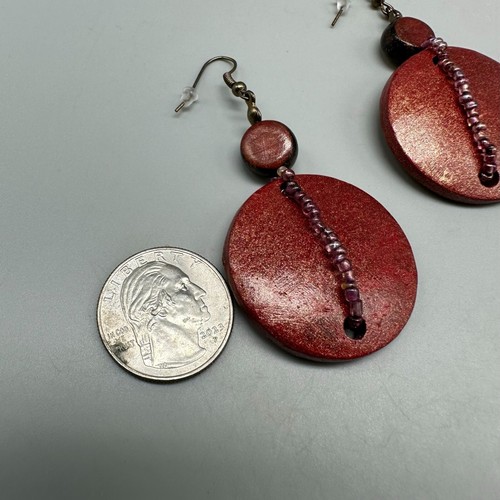Wooden Earrings Red Disc Beaded Dangling Pierced Silver Tone Boho Statement - Picture 8 of 10