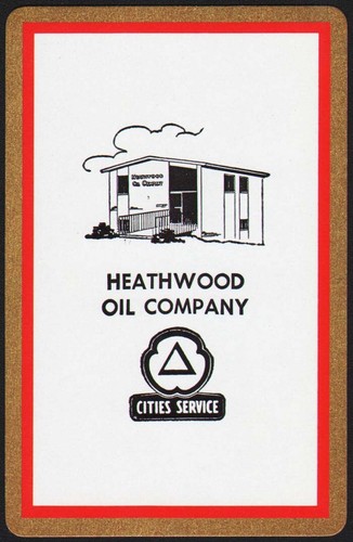 Vintage single playing card CITIES SERVICE red border Heathwood Oil Kansas City