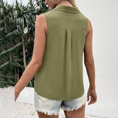 Women Coller Button Down Vest Tank Tops Ladies Summer Sleeveless Blouse Shirts - Picture 6 of 17