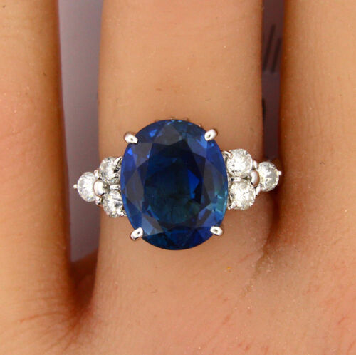 Estate Blue Sapphire 6.87 CT Platinum Ring 0.60 CT Natural Diamond
