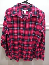 AMAZON ESSENTIALS WOMENS LONG SLEEVE COLLARED BUTTON UP PLAID TOP SIZE L / G