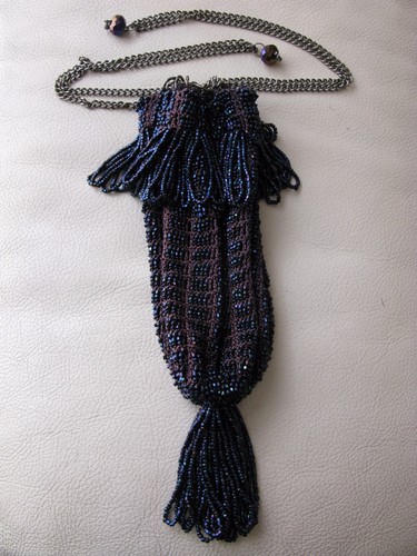 Antique Art Deco Crochet Iridescent Peacock Blue Bead Chain Drawstring Purse