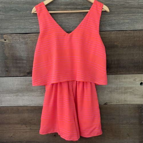 EVERLY Boutique Pink Orange Striped V-Neck Sleeveless Romper Women’s Size Small - Picture 2 of 4