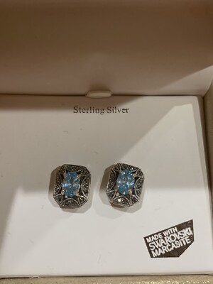 Earrings Swarovski Blue Topaz Kanishka Blue Topaz And Marcasite