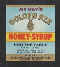 McVAY'S GOLDEN BEE HONEY SYRUP { FOR THE TABLE } JACKSON ALABAMA UNUSED LABEL